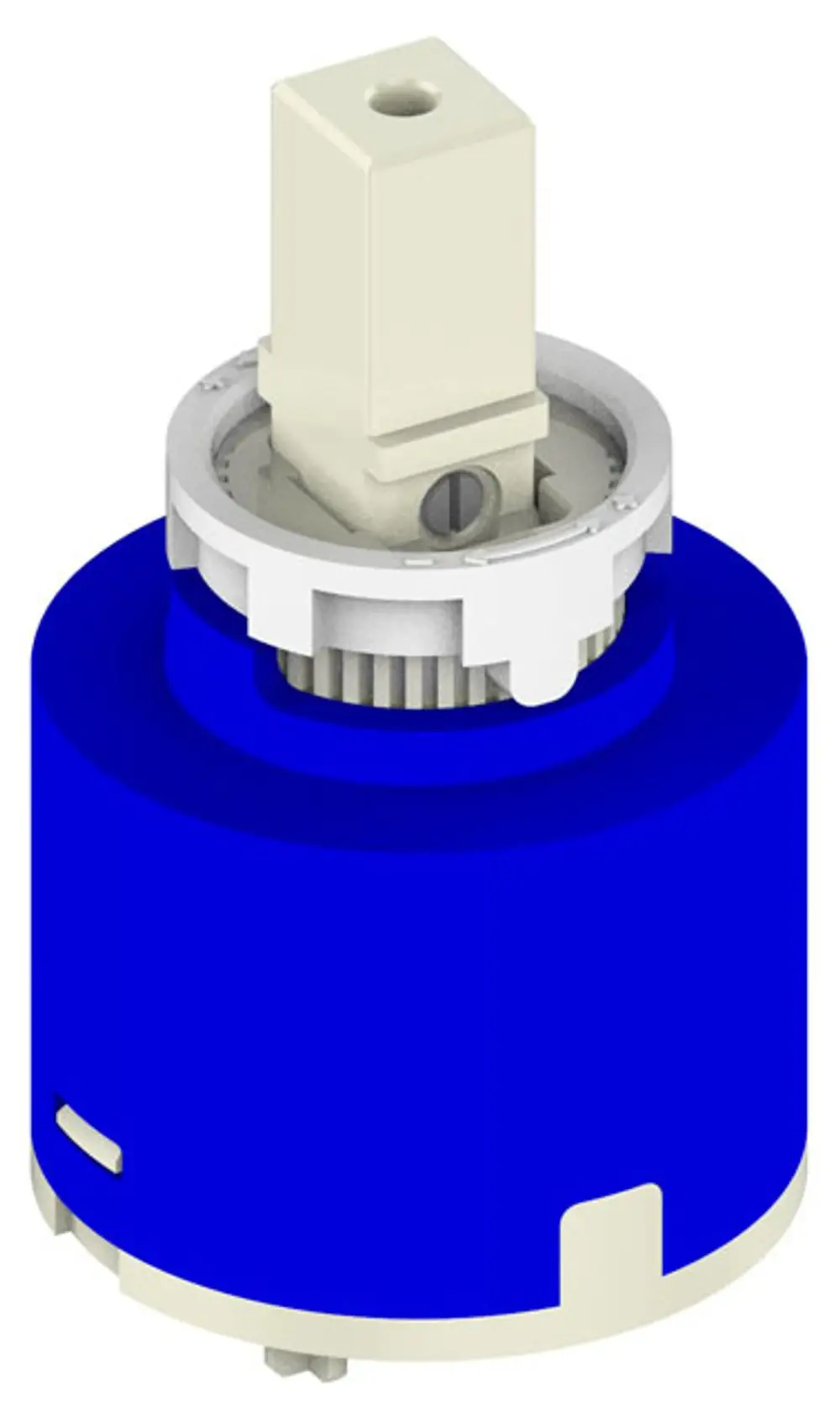 Keuco Mischwasserkartusche in blauer Farbe, bestehend aus einem zylindrischen Gehäuse mit einem quadratischen Anschluss sowie einem Zahnradmechanismus an der Unterseite.